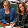 Treasurer Jaclyn Symes (right) delivers her budget speech in parliament, with Premier Jacinta Allan next to her. 