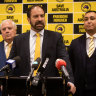 Clive Palmer, Geoff Shaw and Senator Ralph Babet at the UAP announcement on Wednesday.  