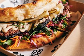 The Fold is the namesake sandwich made on a chargrilled Turkish flatbread. 