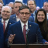 Representative Mike Johnson speaks after he was chosen as the Republicans latest nominee for House speaker at a Republican caucus meeting at the Capitol in Washington.