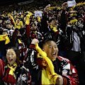 Twins fans cheer during the Korean Series Game Five between LG Twins and KT Wiz at Jamsil Stadium.