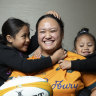 Family scrum … the Fuesaina girls muck around at the Wallaroos’ hotel.