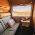 Gold twin cabin on the Ghan made up for the day.