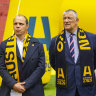 Rugby Australia’s Phil Waugh in 2022 alongside Rugby Victoria president Neil Hay and Reece Hodge, of the Melbourne Rebels.