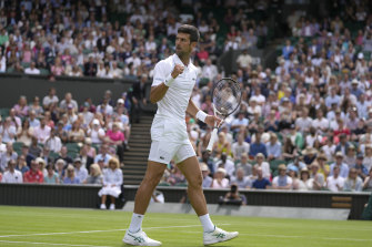 Serbia’s Novak Djokovic celebrates defeating Australia’s Thanasi Kokkinakis.