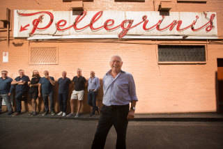 Nino Pangrazio from Pellegrini's cafe (foreground) with restaurateurs (left to right) Guy Grossi, Teage Ezard, Trei Hoglund, Con Christopoulos, Matthew Herbert, Denis Lucey and Simon Hartley.