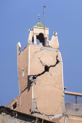 A cracked mosque minaret stands after an earthquake in Moulay Brahim village, near Marrakesh.