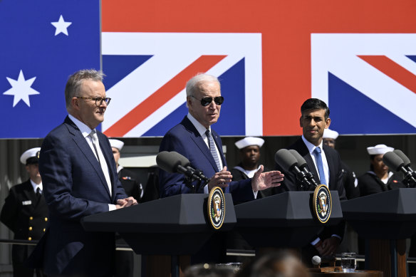 Anthony Albanese, Joe Biden and Rishi Sunak in San Diego during the announcement of the trilateral security pact between Australia, Britain and the United States.