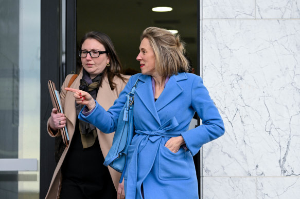 Moya O’Brien (in blue), lawyer for Patrick Stephenson, at the Ballarat Magistrates’ Court on Thursday.