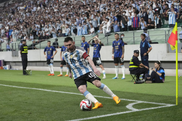 Argentina’s Lionel Messi in action against the Socceroos on Thursday night at the Workers’ Stadium in Beijing.