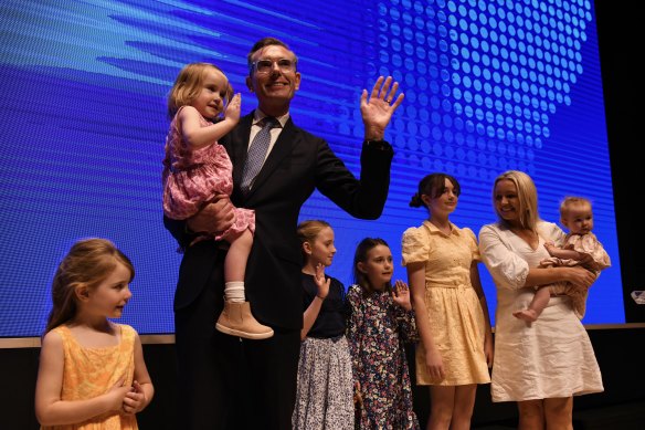 NSW Premier Dominic Perrottet with his family at the Liberal party campaign launch, where he unveiled the future fund policy.