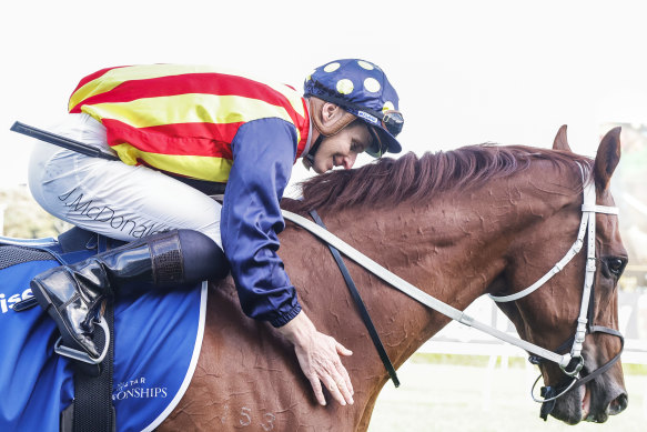 James McDonald give Nature Strip a pat  after winning his third TJ Smith at Randwick in April.