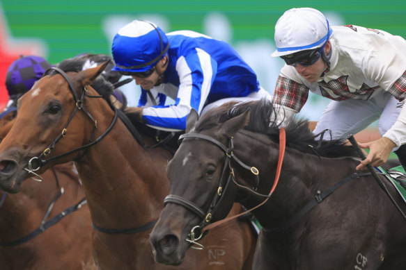 Jamaea and Tommy Berry (right) win the Percy Sykes Stakes at The Championships.   