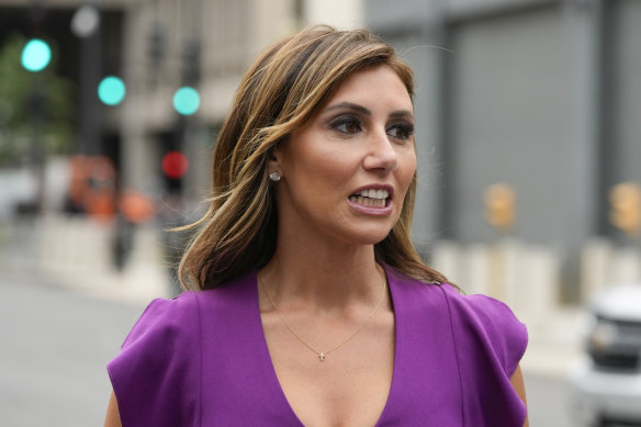 Alina Habba, a lawyer for former president Donald Trump, speaks after Trump arrived at the E. Barrett Prettyman US Federal Courthouse.