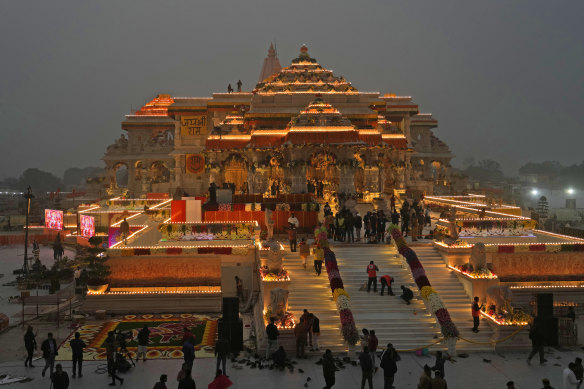 The Indian temple dedicated to Lord Ram in Ayodhya. The temple is being depicted in a float set for a New York parade.