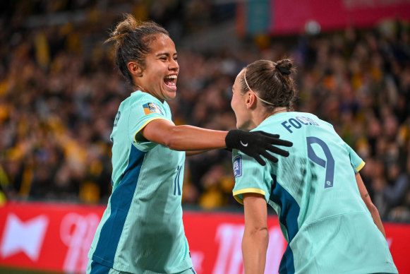 Mary Fowler celebrates after her goal put the Matildas 3-0 ahead.