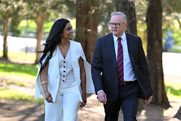 Prime Minister Anthony Albanese and new Labor candidate for Barton Ashvini Ambihaipahar.