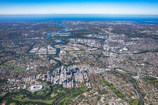 An aerial overhead view from Parramatta to Sydney.
