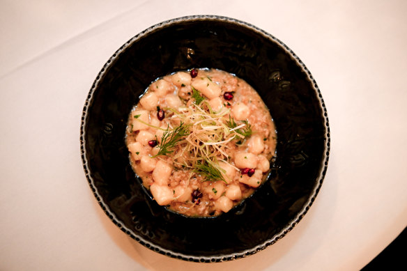 Gnocchi with ragu of pork neck, fennel seeds and leek.