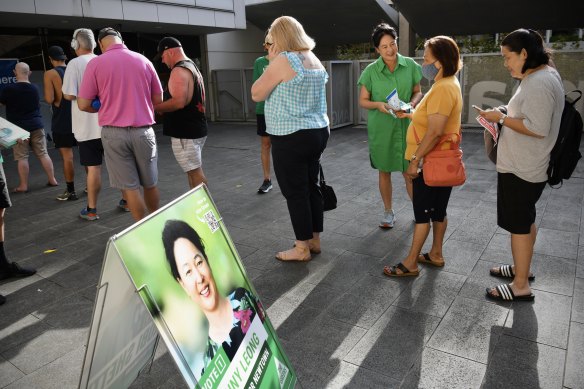 Greens MP Jenny Leong hands out how-to-vote cards on Broadway earlier this month.