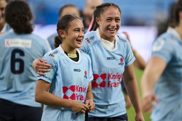 Waiaria Ellis and Leilani Nathan after the Waratahs’ win over the Brumbies. 