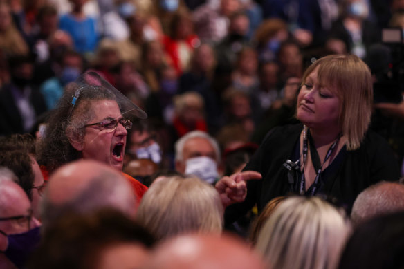 A crowd member heckles Sir Keir Starmer as he delivered his keynote speech.
