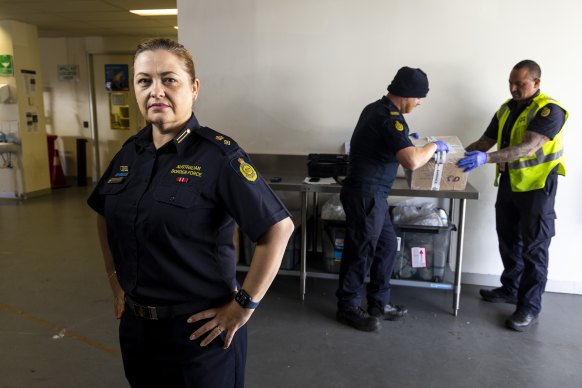 Australian Border Force superintendent Tori Rosemond (left) and officers Joel Scantlebury and Steven Psiroukis at the agency’s headquarters at Melbourne Airport.