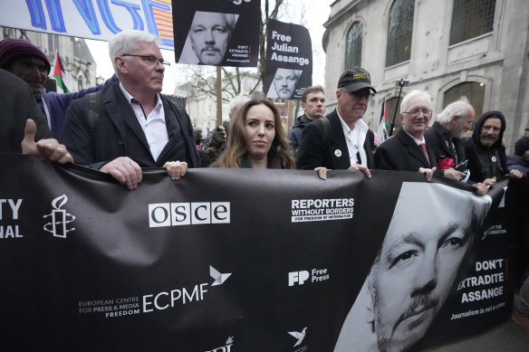 Stella Assange, wife of Julian Assange, starts a march to Downing Street with protesters at the end of a two-day hearing at the Royal Courts of Justice in London.