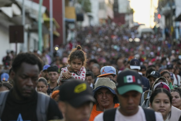 Migrants from various countries depart Tapachula, Mexico, on election day, hoping to reach the country’s northern border and ultimately the United States.