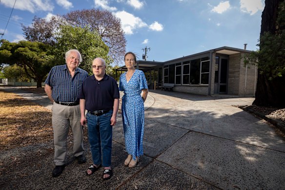 Peter (left), Damien and Elena Christie outside the Fisher Street Centre in Malvern East. The centre is to be demolished and the land sold.