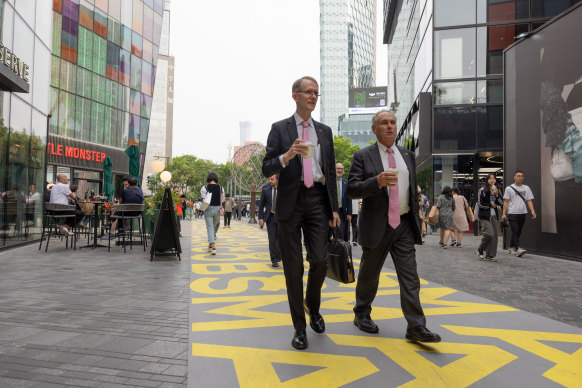 Trade Minister Don Farrell (right) and ambassador Graham Fletcher enjoy their coffee in Beijing.