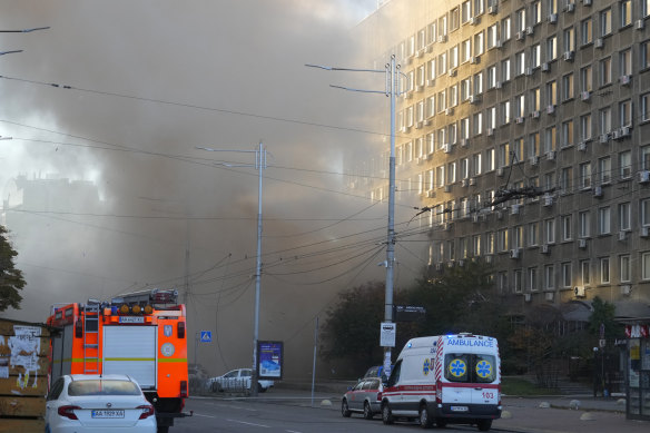 Smoke rises after a drone fired on buildings in Kyiv, Ukraine on Monday.