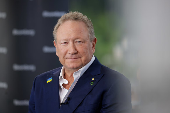 Andrew Forrest wears a Ukraine pin at the World Economic Forum in Davos, Switzerland, on May 23.