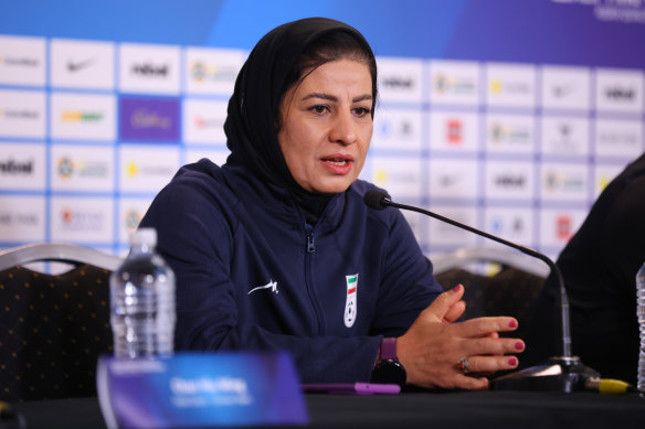 Iran head coach Maryam Azmoon during a press conference in Perth.