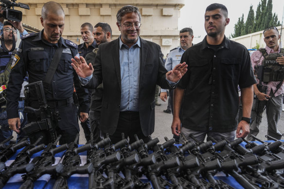 Israel’s National Security Minister, Itamar Ben-Gvir, attends an event to deliver weapons to volunteer security group members in Ashkelon, Israel, last week.