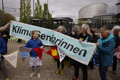 Swiss women demonstrate outside the European Court of Human Rights on Tuesday.