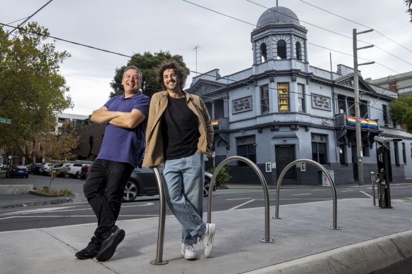 Christos Tsiolkas and Danny Ball outside the Peel Hotel in Collingwood.