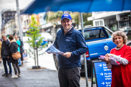 Liberal candidate Lucas Moon handing out how-to-vote cards in Fitzroy a fortnight ago.