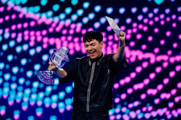 2025 Eurovision winner Johannes Pietsch, who performs using the stage name JJ, on stage in Basel, Switzerland.