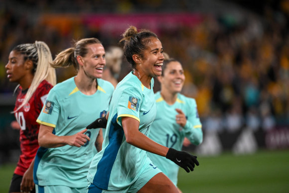 Mary Fowler celebrates her second-half goal.