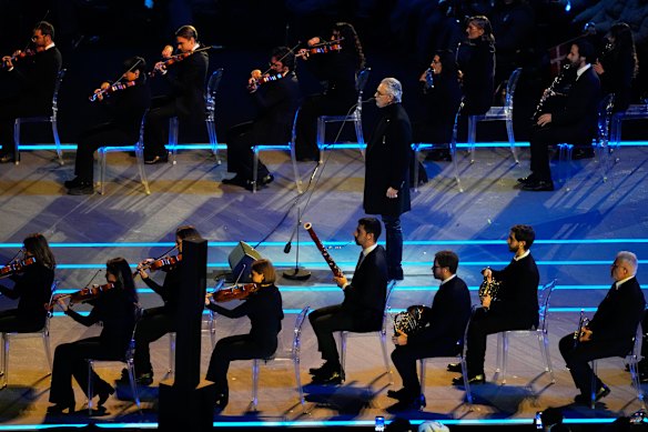 Andrea Bocelli performs during the opening ceremony at the 2026 Winter Olympics in Milan.