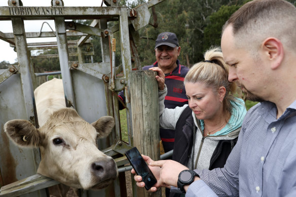 Farmers Cesar and Jane Melham look on as Phillip Zada tests Stoktake on their hobby farm in Glenburn, Victoria.