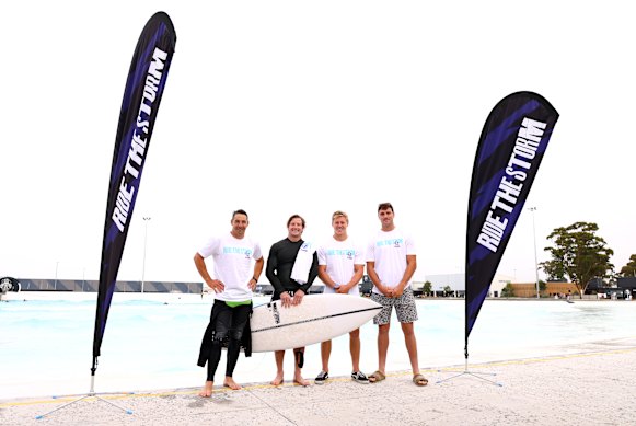 Slater with Storm players Harry Grant, Tyran Wishart and Trent Loiero.