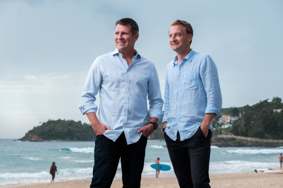 Former premier Mike Baird on the campaign trail with his successor as Manly MP, James Griffin.