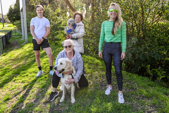 Kooyong voters were subdued in their endorsements for Ryan and Frydenberg. Back: Andrew Field, Eva Roge and Ally Gallagher. Front: Marnie Walker with Bob.