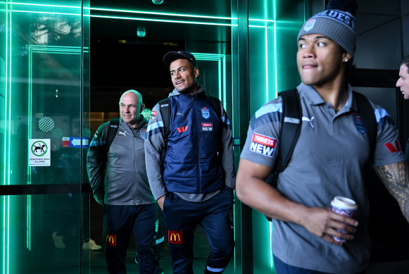 Stephen Crichton and Brian To’o arrive at Blues HQ in Adelaide on Monday afternoon.