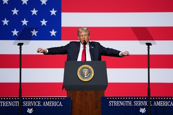 President Donald Trump speaking to a gathering of top US military commanders at Marine Corps Base Quantico.