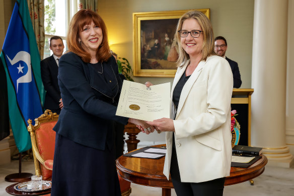 Victoria’s new Premier Jacinta Allan is sworn in by the Governor of Victoria Professor Margaret Gardner at Government House.