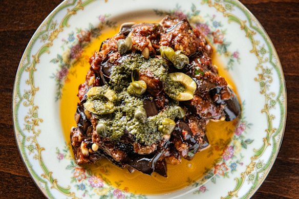 Caponata di melanzane: Eggplant, tomato, pine nuts and pickled celery.