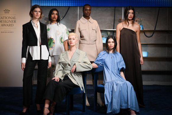 The nominees and winners for the National Designer Award. (l-r)  Models Anna Robinson in E Nolan, Anastasia Stanislaus in Alemais, Camille Macdonald in Blanca, Akelo Costa in Clea, Vanessa Slamin in Joslin and Jemma Wittwer in Beare Park.